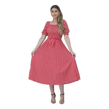 Vestido Midi Plissado Xadrez Manga Bufante