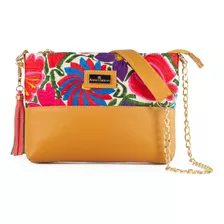 Bolso De Piel Tipo Crossbody Con Telar Artesanal Bolsa Dama Color Mostaza Diseño De La Tela Arena Telar