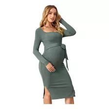 Vestido De Maternidad Manga Larga Con Abertura En Pierna