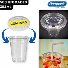 Copo 354ml Pet Cristal + Reta Plana Com Furo Bompack 500 Und