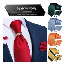 Corbata Hombre Seda En Caja + Anillo Dorado, Paño Y Colleras