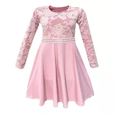 Vestido Infantil Manga Longa Rodado Renda E Faixa Pérolas