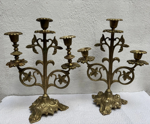 Dos Candelabros Antiguos Decoración Vintage Bronce Dorado