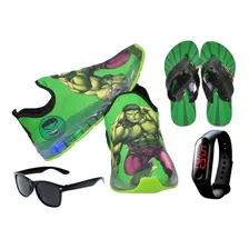 Tênis Led Infantil Hulk Novo + Chinelo + Relógio + Óculos 