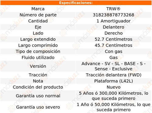1- Amortiguador Gas Delantero Derecho Altima 2013/2018 Trw Foto 2