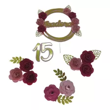 Topo De Bolo 15 Anos Flores Pétalas E Espiral Personalizado