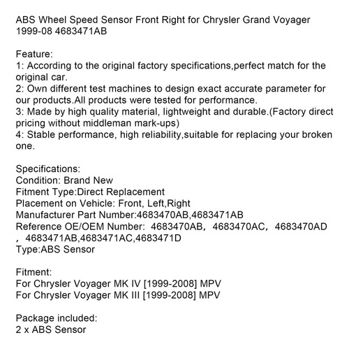 2 Sensor Abs Delantero Para Chrysler Grand Voyager Mk 99-08 Foto 2