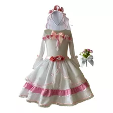 Vestido Noiva Junina Infantil Manga Longa + Véu + Buque Flor