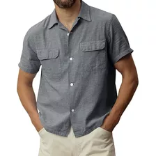 Camisa Masculina De Manga Curta Cuban Camp Guayabera, Linho