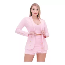 Conjunto Feminino Max Blazer Cropped E Saia Detalhes Botões