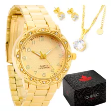 Relógio Feminino Dourado Com Kit Colar E Brinco Super Barato
