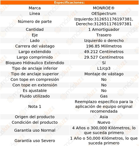 (1) Amortiguador Tra Oespectrum Gas Der O Izq Cyclone 68/71 Foto 2