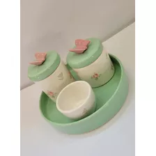 Kit Higiene Bebê Porcelana Floral / Verde E Rosa 04 Peças. 