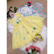 Vestido Infantil Amarelo Aplique Borboletas Flores + Asa