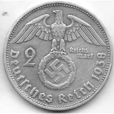 Moneda Alemana Nazi 2 Reichsmark Plata 1938 Serie A 14