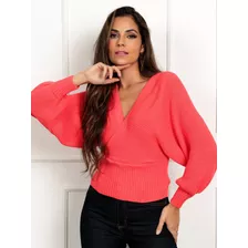 Blusa Modal Feminino Suéter Tricô Meia Estação Transpassada