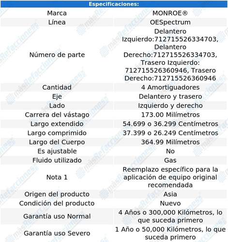 Jgo 4 Amortiguadores Gas Oespectrum Peugeot 207 10-14 Monroe Foto 3