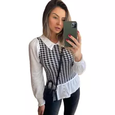 Blusa Tricot Regata Cropped Lindo Estampa Xadrez Inspiração