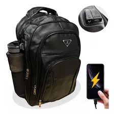 Bolsa Mochila Masculina Impermeável De Couro Reforçada Usb Cor Preto