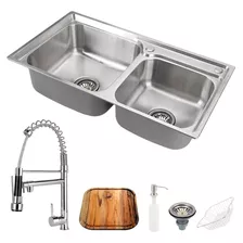 Cuba Para Cozinha Gourmet Pia Dupla Aço Inox Com Acessórios E Tábua De Corte Ticunas E Torneira Monocomando Gourmet Munim Pingoo.casa