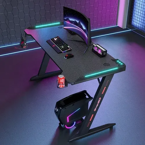Mesa Gamer Escrivaninha De Jogos Leds Rgb Suporte P/ Copo Preto