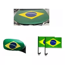 Kit Brasil Bandeira Capô + Capa Retrovisor + Bandeira Vidros