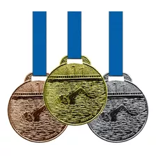 30 Medalhas 35mm Natação - Ouro Prata Bronze - Aço Com Fita