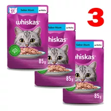 3 Whiskas Ração Úmida Sachê P/ Gatos Adultos Sabor Atum 85g