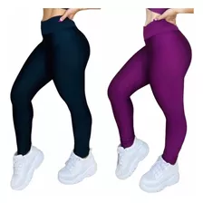 Kit 2 Calca Leg Suplex Feminina Lisa Cos Alto Moda Fitness