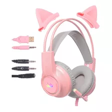 Headset Fone Gamer Led Rgb Rosa Gatinho Pc Cel Usb P2 Ps4