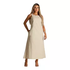 Vestido Casual Feminino Linho Liso Regata Soltinho Com Bolso