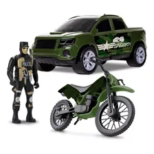 Brinquedo Menino Carrinho Pick Up Militar Com Boneco E Moto