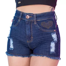 Short Jeans Feminino Amorosa Desfiado Coração Alto Relevo