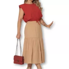 Saia Midi 3 Marias Evangélica Viscose Feminina Moda