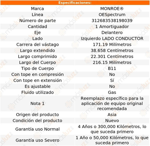 (1) Amortiguador Oespectrum Gas Conductor Del Tracker 96/97 Foto 3