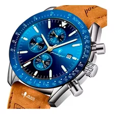 Reloj Analógo Casual Con Cronográfo Fechador Lujo Elegante Color De La Correa Café Con Caja Azul