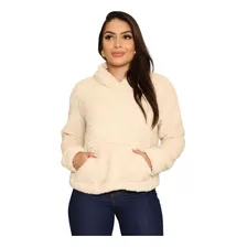 Casaco Teddy Fechado Bolso E Capuz Pelinhos Feminino Inverno