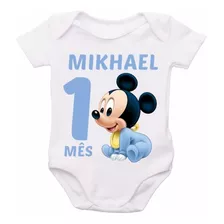 Body Bebê Personalizado Mickey Mês Aniversário Nome Do Bebe