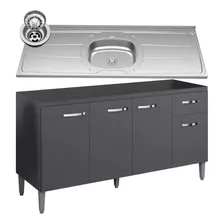 Balcão Gabinete Com Pia Inox 150cm 4 Portas Gabriela Cor Cinza-escuro