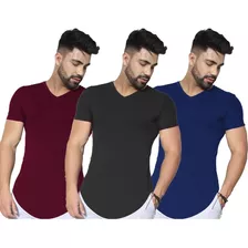 Kit 3 Camisas Masculina Long Line Gola V Elastano Swag