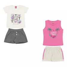 Kit Roupa 4 Peças Menina-conjunto Blusa E Shorts-tile E Sul