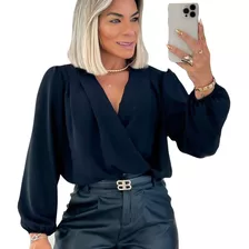  Blusa Decote V Camiseta Manga Longa Transpassada Social