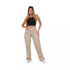 Calça Wide Leg Feminina Corte Reto Bolso Cargo Premium