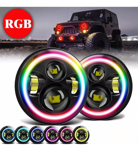 2* Rgb 7'' Faro Led Redondo Ojo ngel Wrangler Jeep Vocho Jk Foto 4