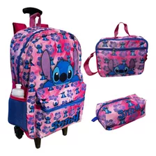 Kit Mochila Escolar Lilo & Stitch Menina Rodinha Lancheira 