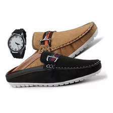 Kit 2 Mule Verão Casual Mocassim Sapatênis Slip On + Relógio