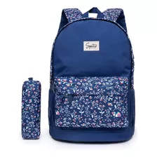 Kit Mochila Bolsa Estojo Faculdade Escola Reforçada Feminina Cor Preto Desenho Do Tecido Jardim Azul