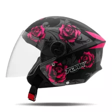 Capacete Aberto Feminino Masculino Moto Pro Tork New Liberty Three Flowers Brilhante Preto E Rosa Tamanho 60 