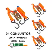 Kit 04 Cinta Amarração C/ Catraca Gancho Metal 800kg Aberta Cor Laranja