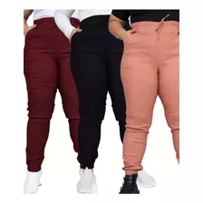 Kit 3 Calça Feminina Jogger Bengaline Linha Premium Plus Siz